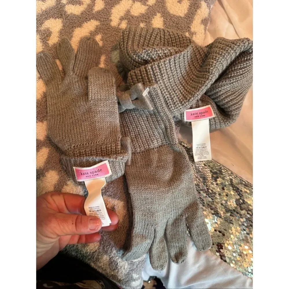 Kate Spade Gray Knit Dorothy Bow Beanie Hat & Gloves - Bow Fancy Warm GUC